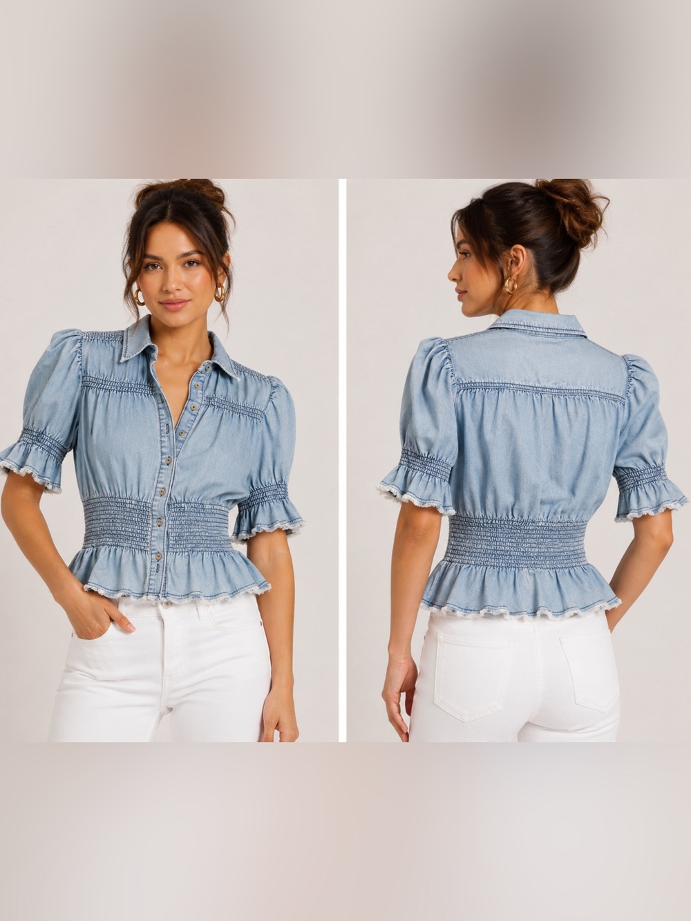 NWT Andrée by Unit Chambray Smocked Peplum Puff Sleeve Top Size L